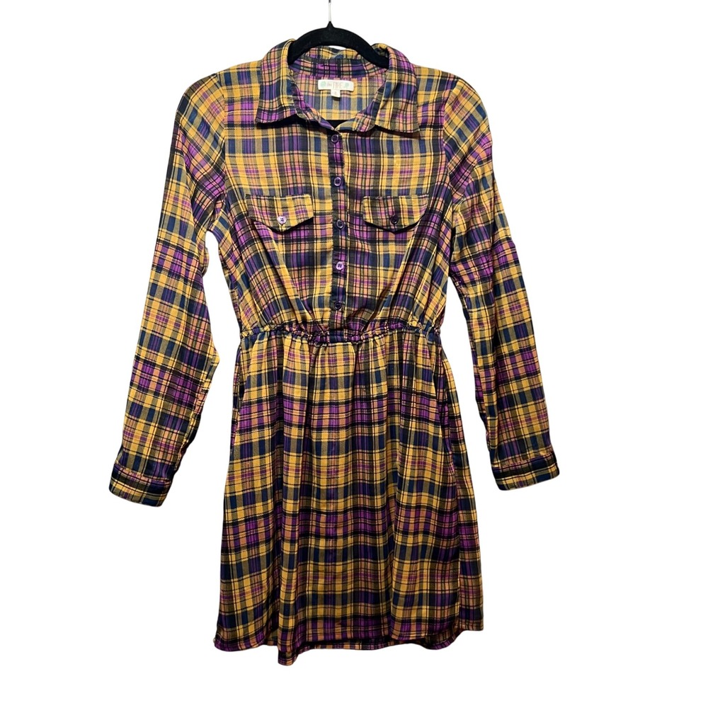 Love Fire Sheer Plaid Shirt Dress Long Sleeve Button‎ Front Casual Size Small
